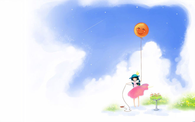 蓝天白云下放气球的女孩PPT背景图片