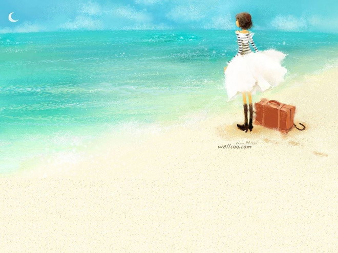 海边沙滩上的女孩PPT背景图片