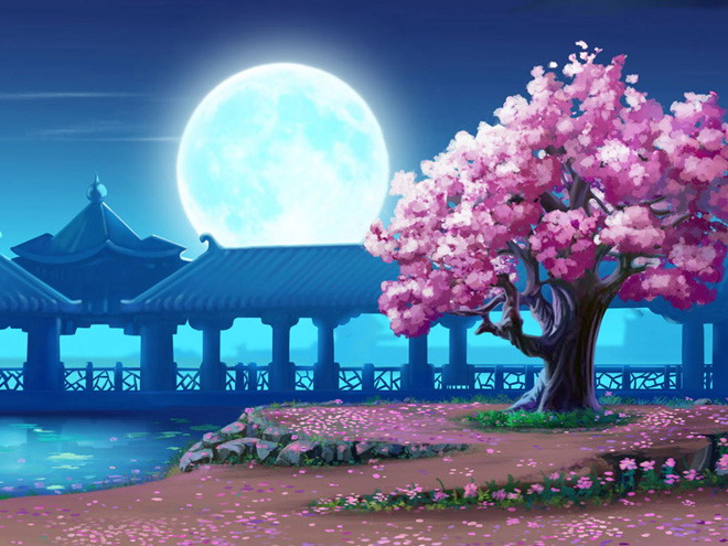 圆圆的月亮和烂漫樱花PPT背景图片