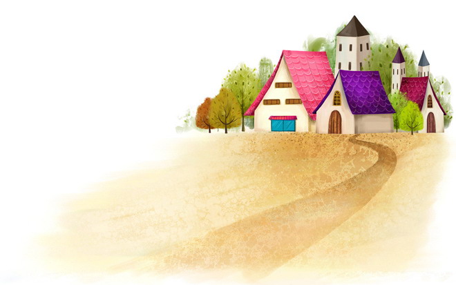 红瓦绿树的房子卡通PPT背景图片