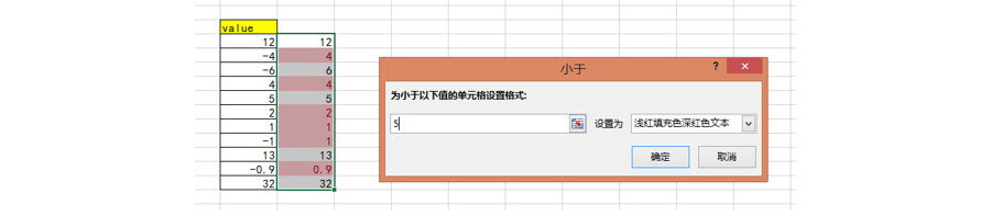 如何讓Excel中小于5的數(shù)據(jù)的絕對值變成紅色？