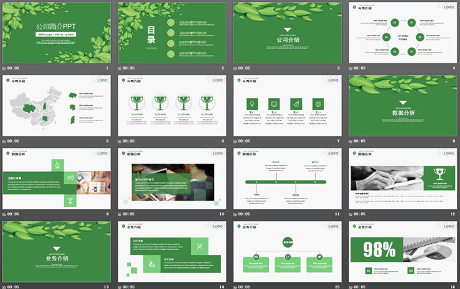 綠色清新葉子背景的公司簡介PPT模板下載