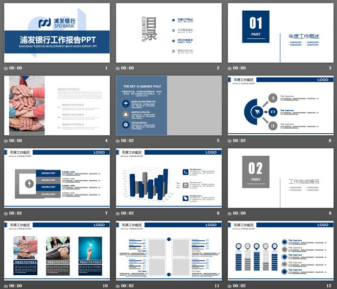 藍色扁平化浦發(fā)銀行工作匯報PPT模板