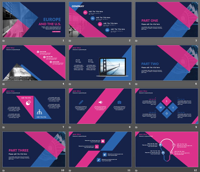 藍粉扁平化設(shè)計的歐美商務(wù)PPT模板