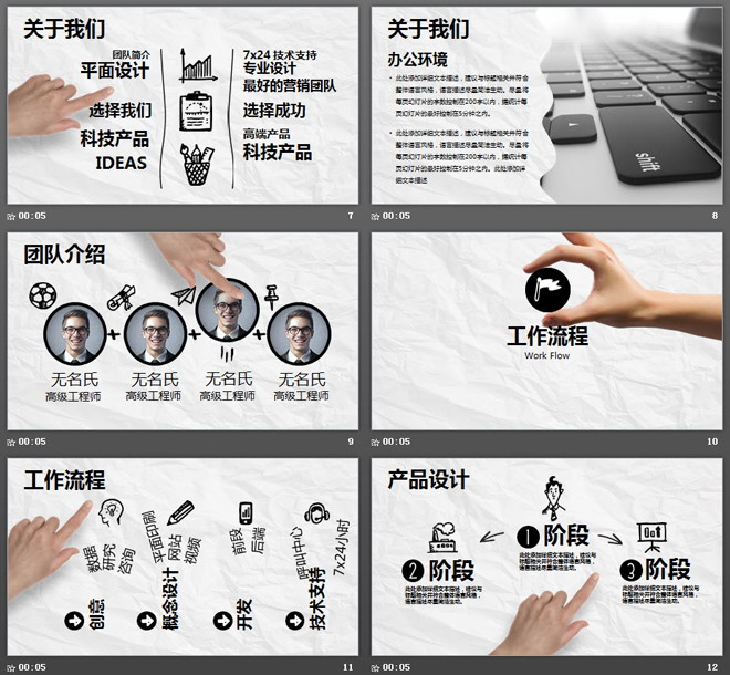 創(chuàng)意手繪搭配動(dòng)態(tài)手勢(shì)背景的公司簡(jiǎn)介PPT模板