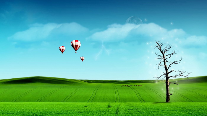 蓝天白云草地热气球PPT背景图片