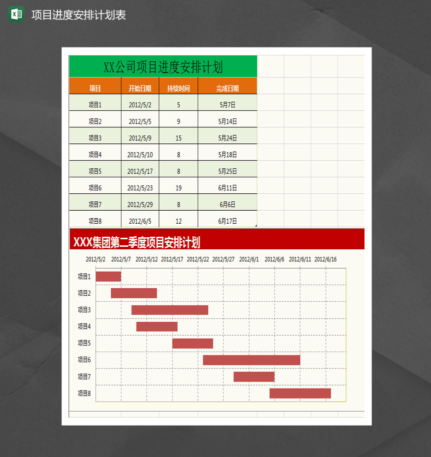 项目进度安排计划甘特图Excel模板