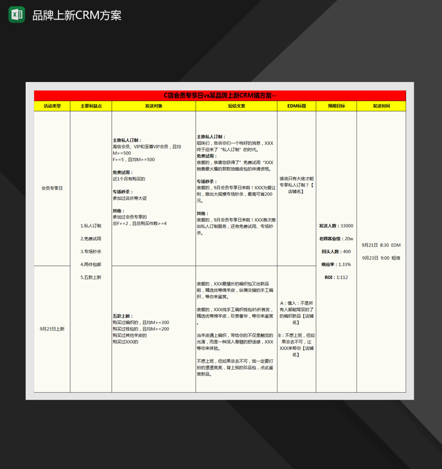 会员专享日vs某品牌上新CRM端方案Excel模板