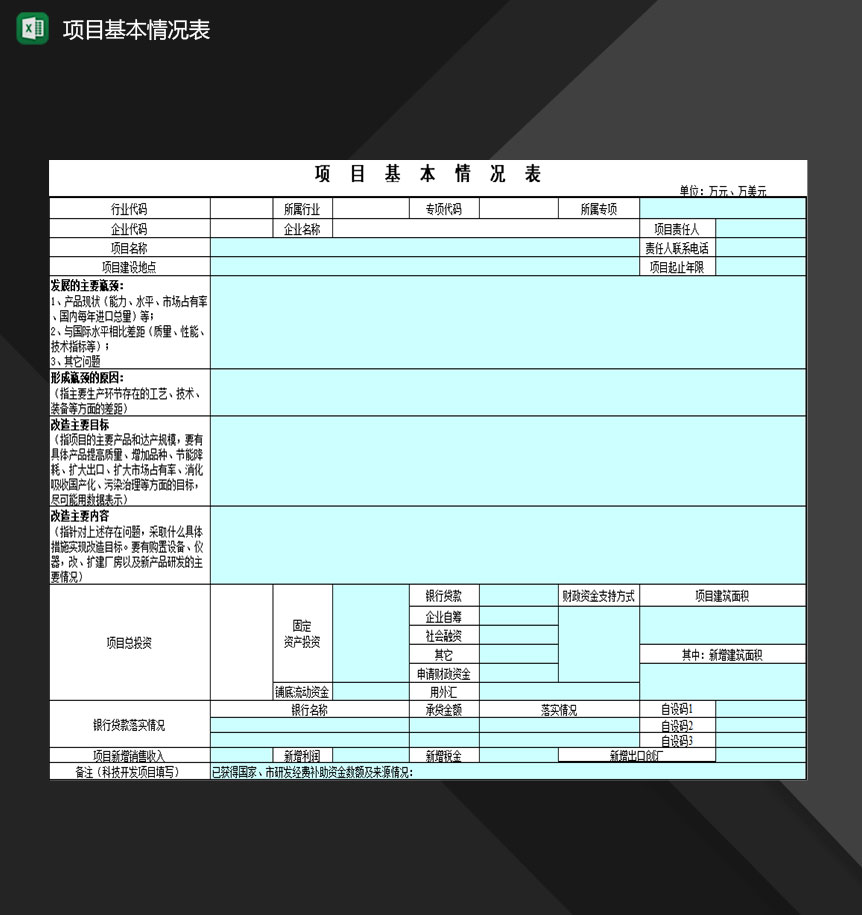 企業公司項目基本情況記錄表Excel模板